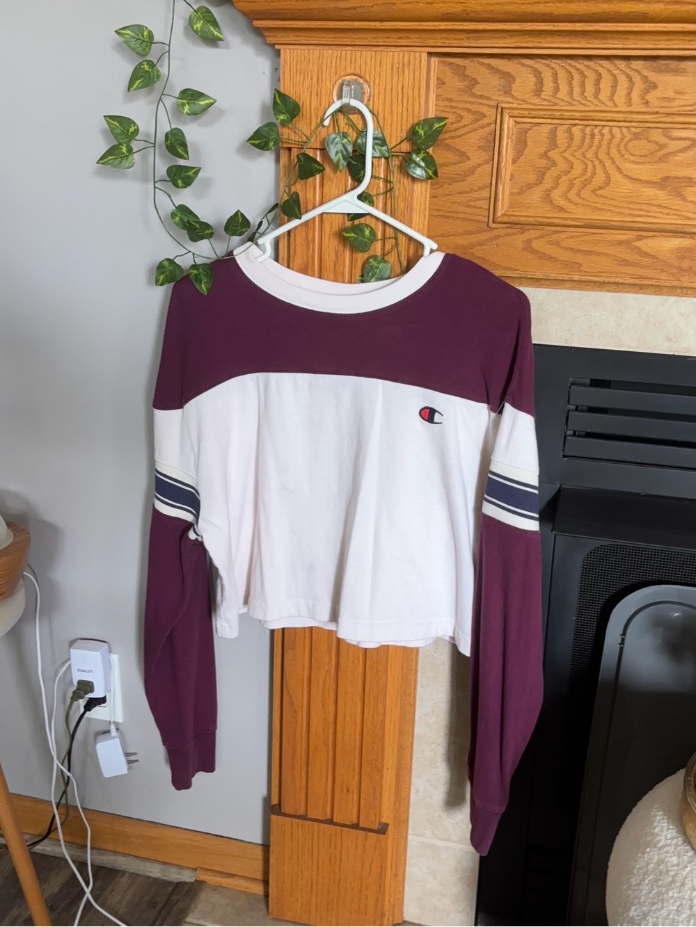 Champion Women's Burgundy and White Colorblock Cropped Long Sleeve Tee